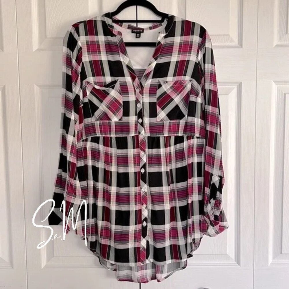 Worn Once! Torrid Emma Pink & Black Plaid Challis Babydoll Tunic Top